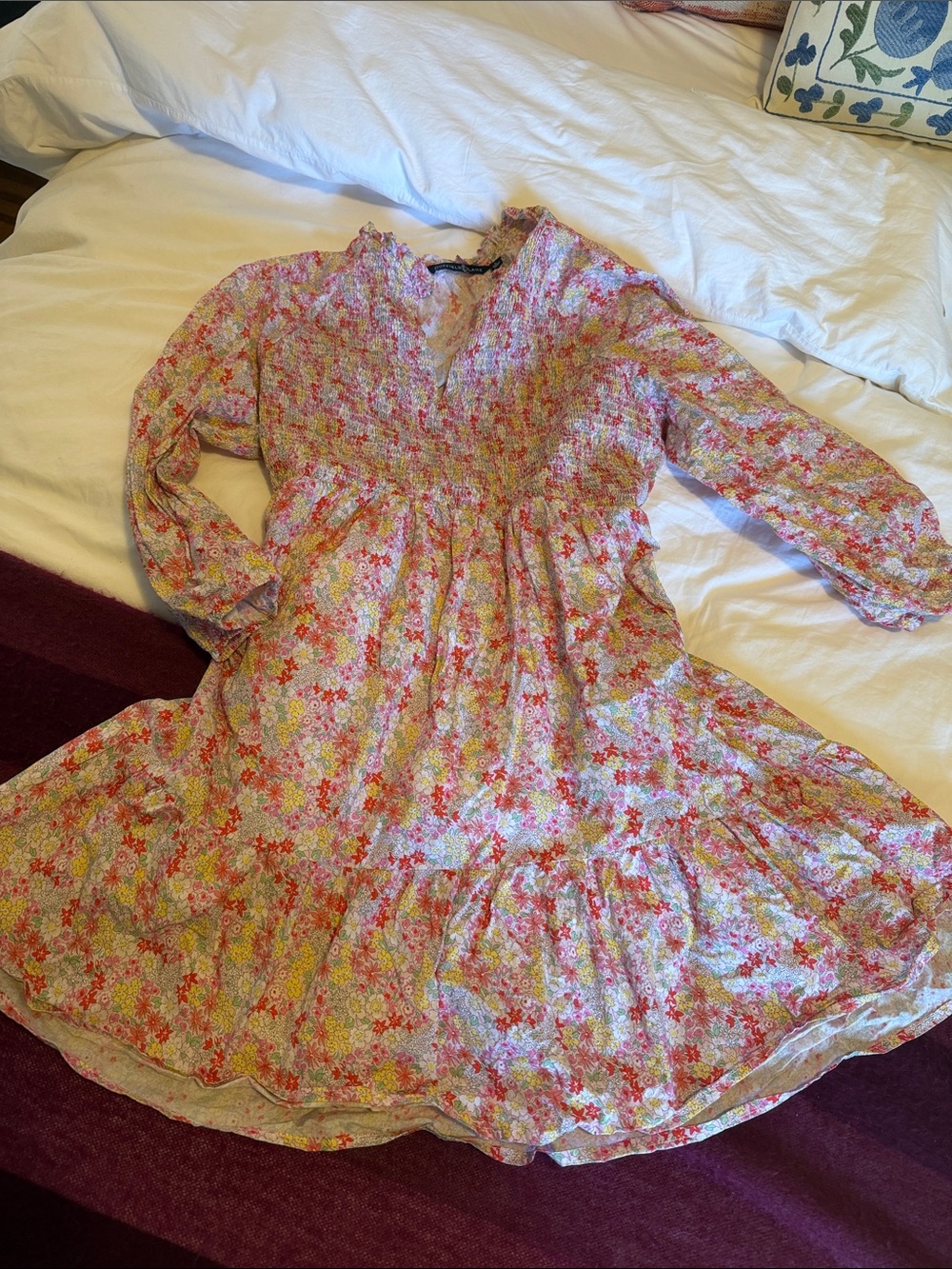 Duffield Lane Pink Floral Long-Sleeve Smocked Casual Dress